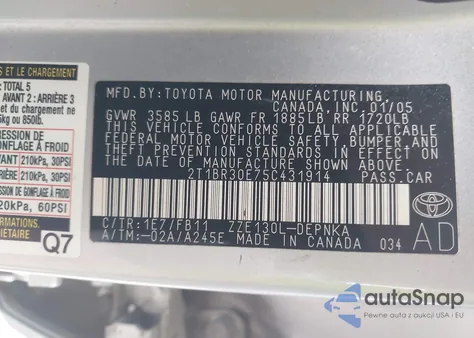 2005 Toyota Corolla Le from USA, damaged, VIN 2T1BR30E75C431914